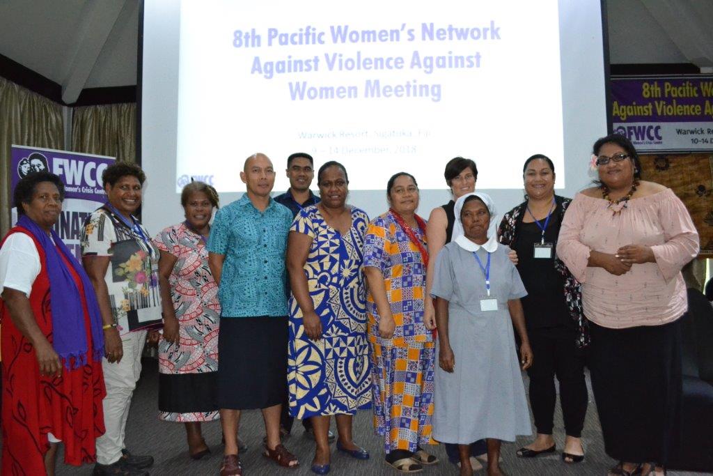 Miles Young and Neomai Maravuakula of SPC's Regional Rights Resource Team (RRRT) with members of the Pacific Women's Network Against Violence Against Women at the Warwick Resort in Fiji. Photo: FWCC