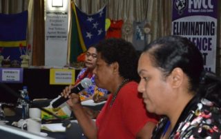 Lesila To'ia of the Tonga Women and Children Crisis Centre (TWCCC), Raijeli Mawa, of Fiji's Ministry of Women, Children and Poverty Alleviation, and Ofa Guttenbeil-Likiliki, Director of TWCCC during a panel discussion at the 8th Meeting of the Pacific Women's Network Against Violence Against Women in Fiji. Photo: FWCC