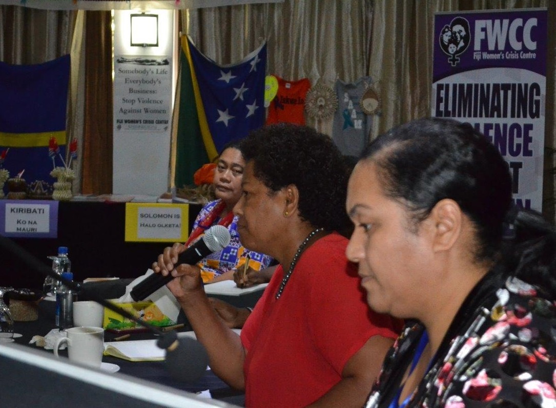 Lesila To'ia of the Tonga Women and Children Crisis Centre (TWCCC), Raijeli Mawa, of Fiji's Ministry of Women, Children and Poverty Alleviation, and Ofa Guttenbeil-Likiliki, Director of TWCCC during a panel discussion at the 8th Meeting of the Pacific Women's Network Against Violence Against Women in Fiji. Photo: FWCC