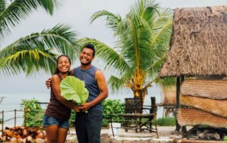 Tinaai Teaua and Kaboua John at Terau Beach Bungalows, the eco-tourism venture that they own and manage in Tebero village, on the small outer island of Abaiang in Kiribati. Photo: Ula Majewski/Oxfam Australia